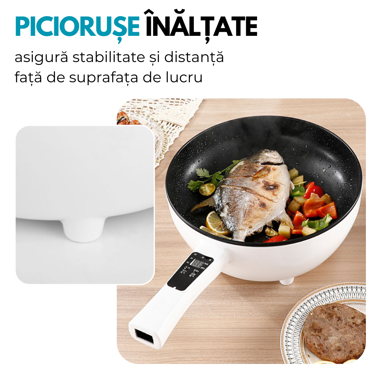 Tigaie Electrica Inteligenta, Multifunctionala, Capacitate 3L, Panou Control Digital, 1000W, Prajire, Fierbere, Sotare, Gatire la Aburi, Mentinerea Caldurii, Diametru 24 cm