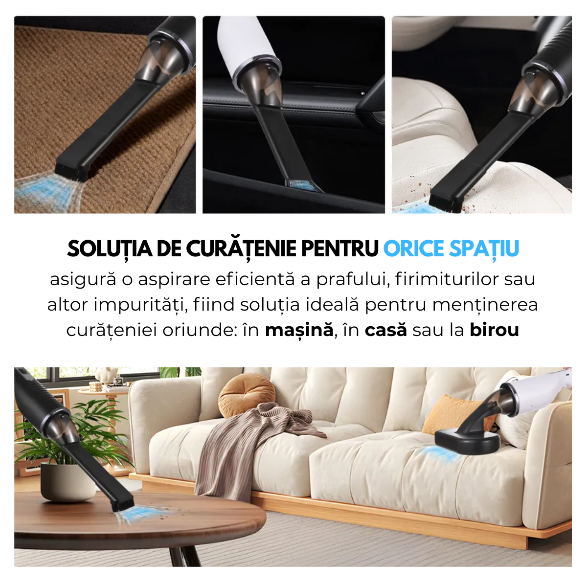 Aspirator de mana fara fir, Portabil, Acumulator 2000mAh, pentru Casa, Masina, Birou, 80W, Filtru HEPA, Accesorii Multifunctionale