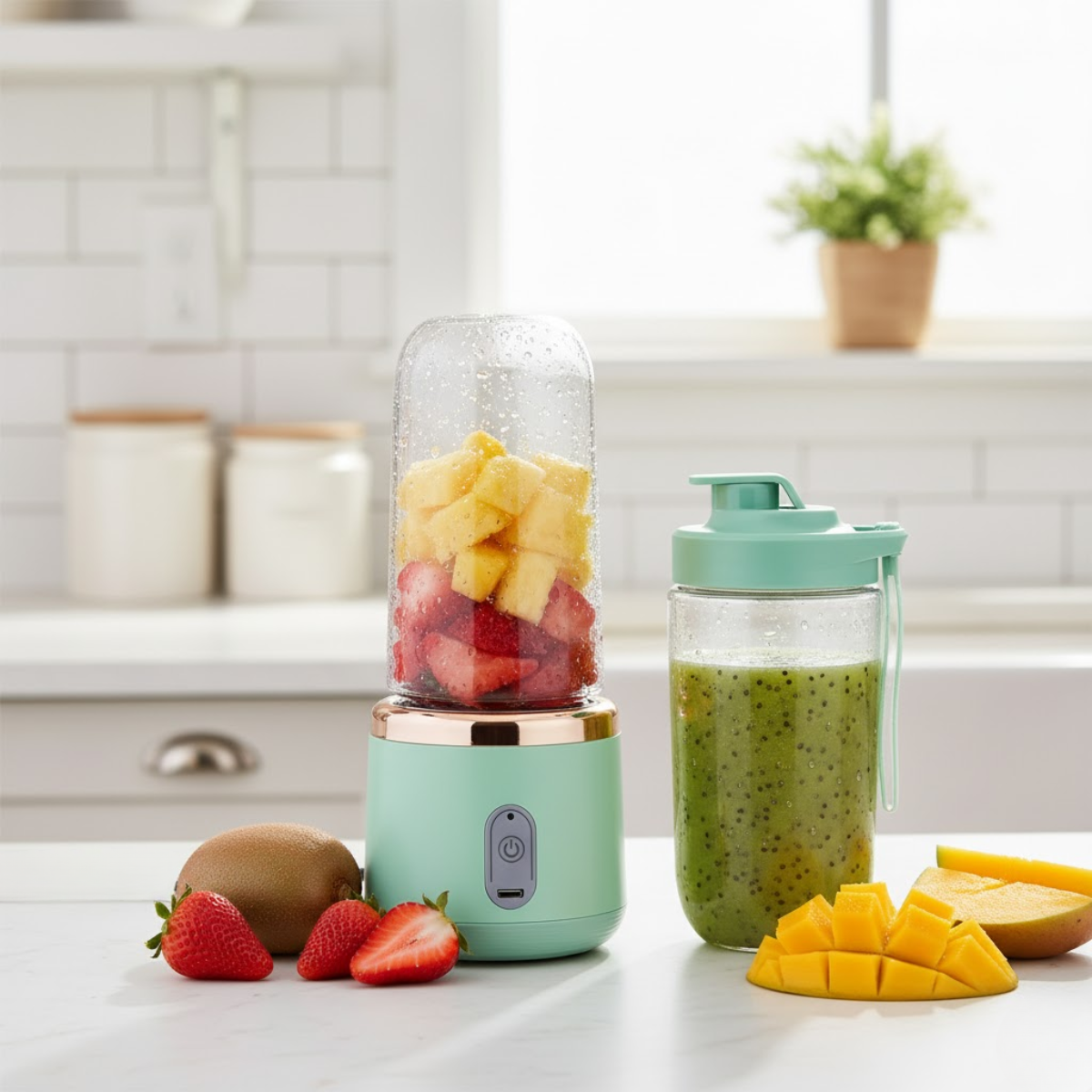 Blender Portabil, 2 Recipiente, Diferite culori, 400 ml, 6 Lame 3D, USB-C reincarcabil, 45W, Capac Inclus, Turcoaz