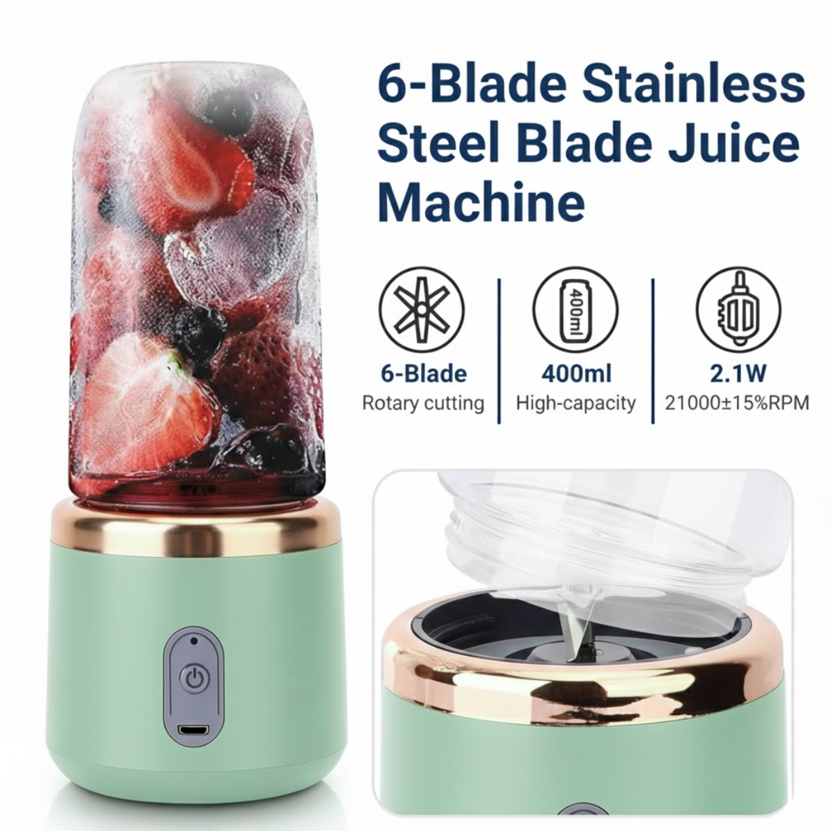 1 + 1 Blender Portabil, 2 Recipiente, Diferite culori, 400 ml, 6 Lame 3D, USB-C reincarcabil, 45W, Capac Inclus, Turcoaz