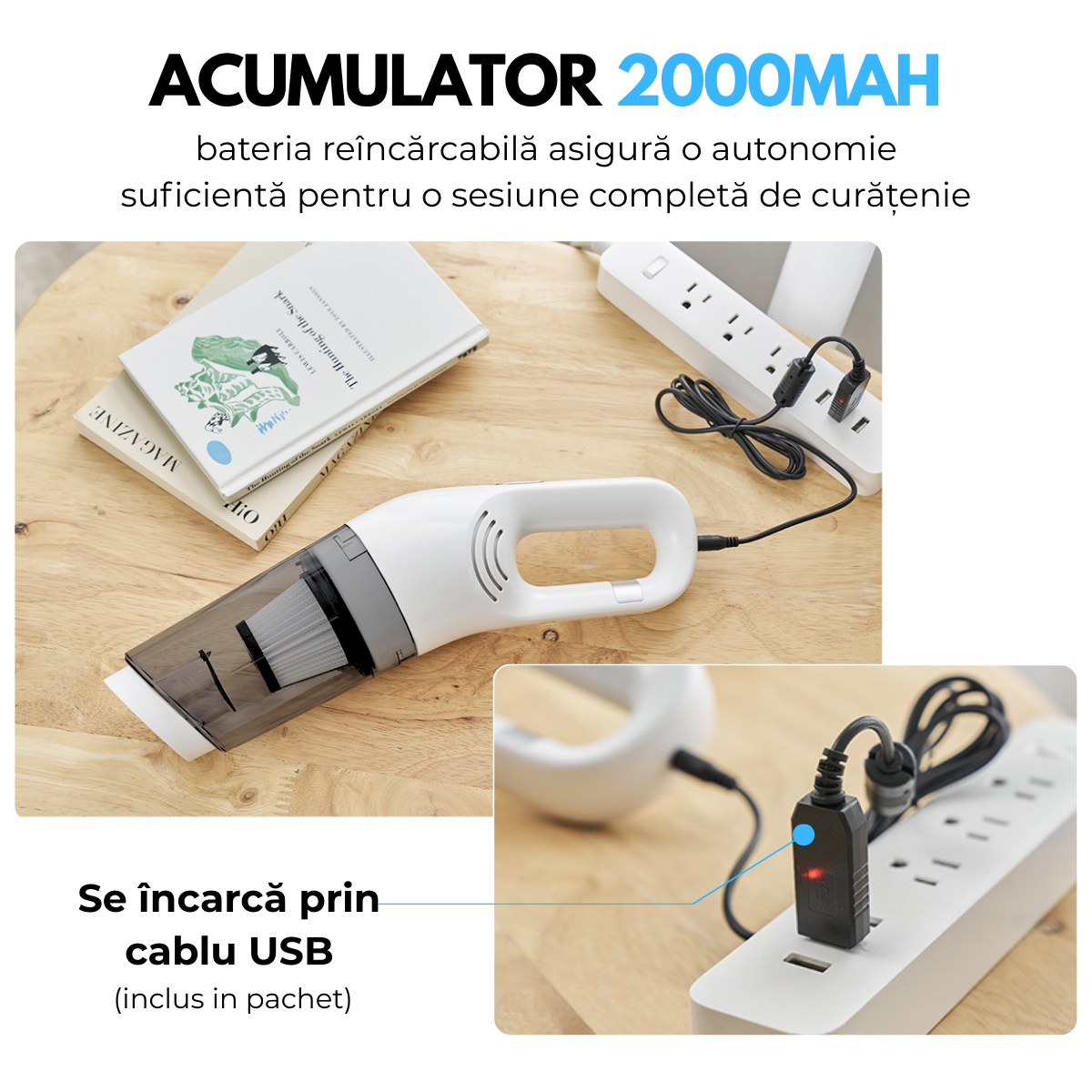Aspirator fara fir 2-in-1, Vertical si de Mana, Acumulator 2000mAh, pentru Casa, Masina, Birou, 120W, Filtru HEPA, Accesorii Multifunctionale