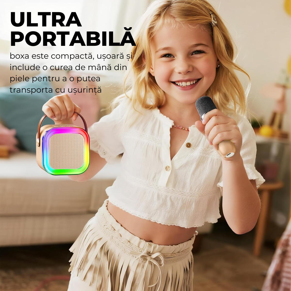 Set Karaoke cu Boxa Bluetooth si 2 Microfoane Wireless, Lumini LED RGB Dinamice, Incarcare Type-C, Port AUX, Slot Card TF, Crem, easyCTRL®