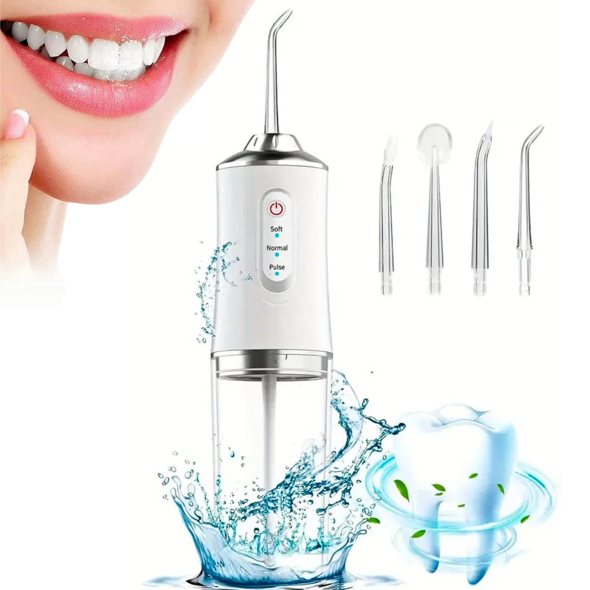 Irigator Bucal Profesional, Dus Bucal Portabil, 4 Capete, 3 Moduri de Curatare, Rezervor 230ml, Roz