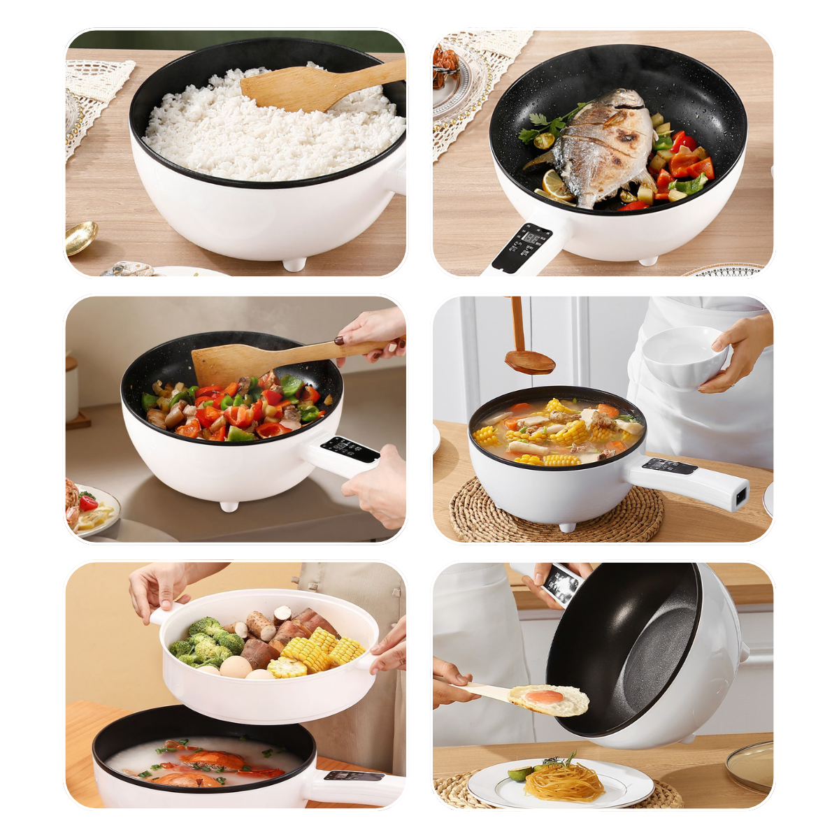 Tigaie Electrica Inteligenta, Multifunctionala, Capacitate 3L, Panou Control Digital, 1000W, Prajire, Fierbere, Sotare, Gatire la Aburi, Mentinerea Caldurii, Diametru 24 cm