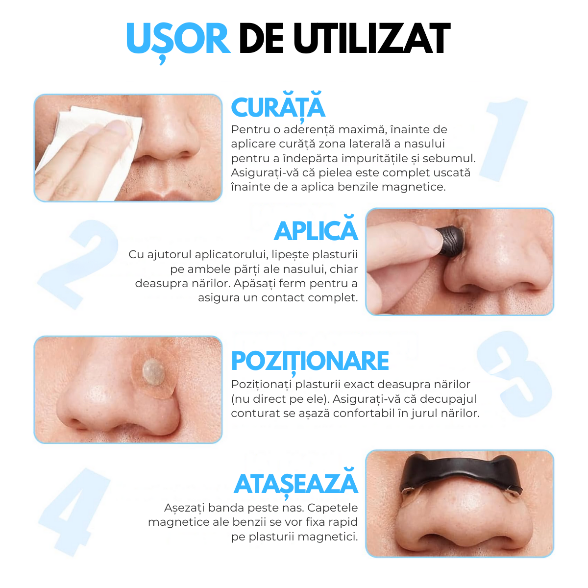 Set Benzi Nazale Magnetice, pentru Imbunatatirea Respiratiei, Somnului, Reducerea Sforaitului, 4 Marimi Diferite, 30 Plasturi, Aplicator