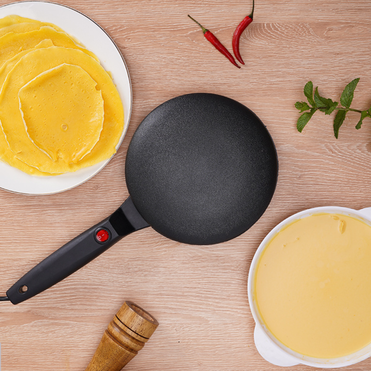 Tigaie Electrica pentru Clatite, Include Vas pentru Aluat si Mini Tel, 600W, Suprafata antiaderenta, Diametru 20cm