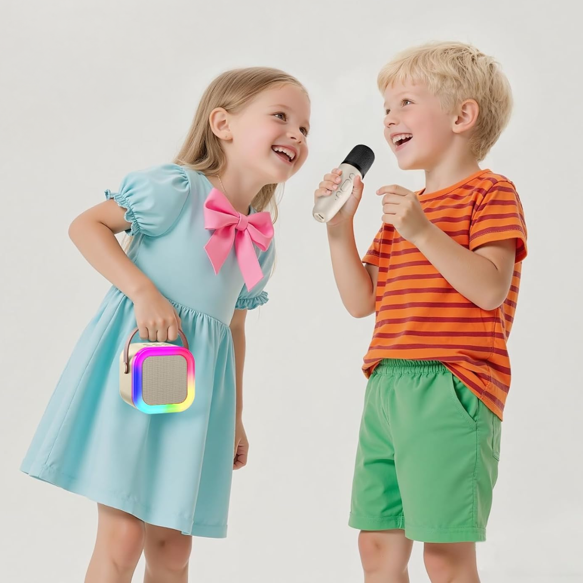 Set Karaoke cu Boxa Bluetooth si 2 Microfoane Wireless, Lumini LED RGB Dinamice, Incarcare Type-C, Port AUX, Slot Card TF, Crem, easyCTRL®