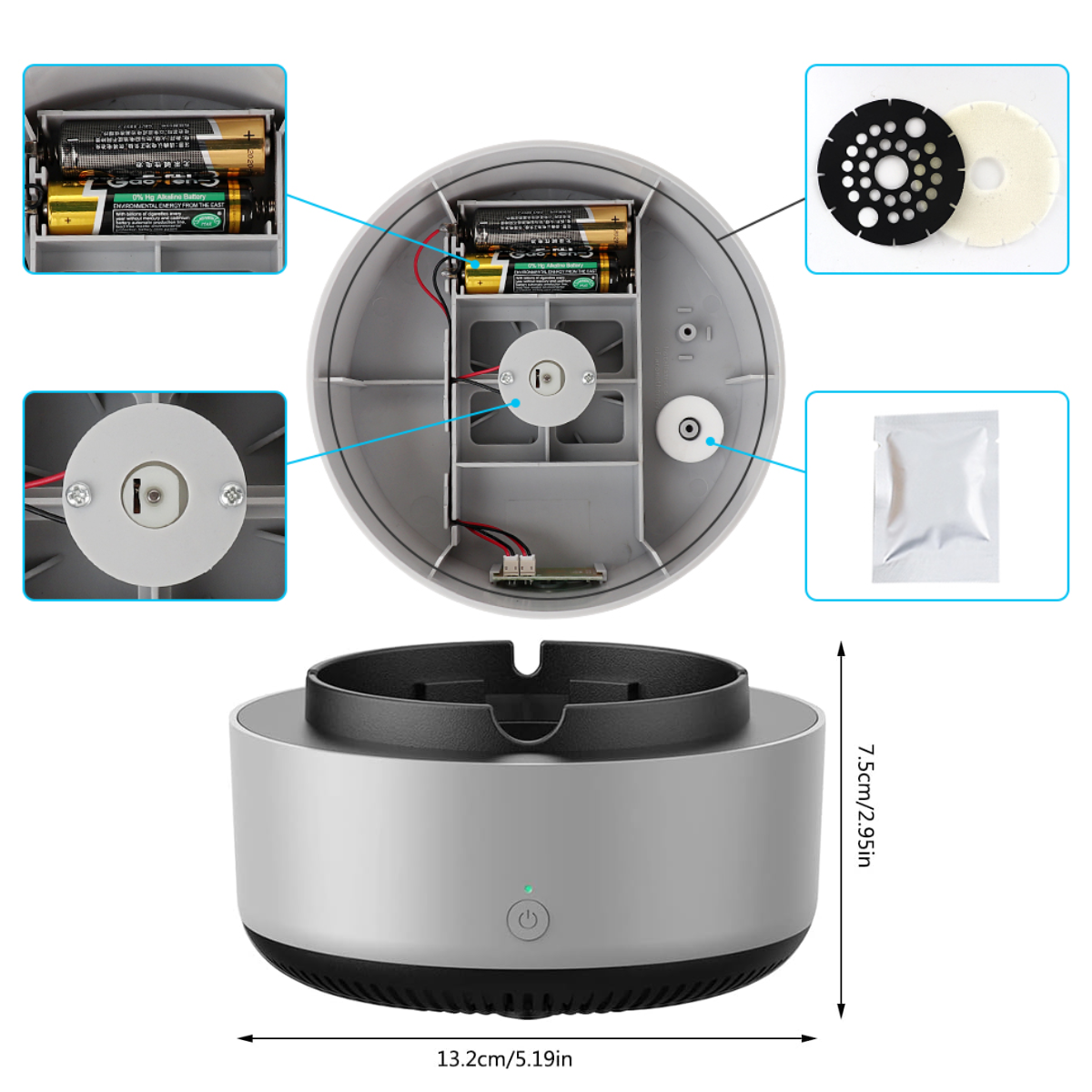 Pachet 1 + 1 Scrumiera Electrica Multifunctionala 3-in-1, Aspirare Fum 360°, Purificare Aer, Tableta Odorizanta, Oprire Automata, Alimentare pe Baterii, easyCTRL®