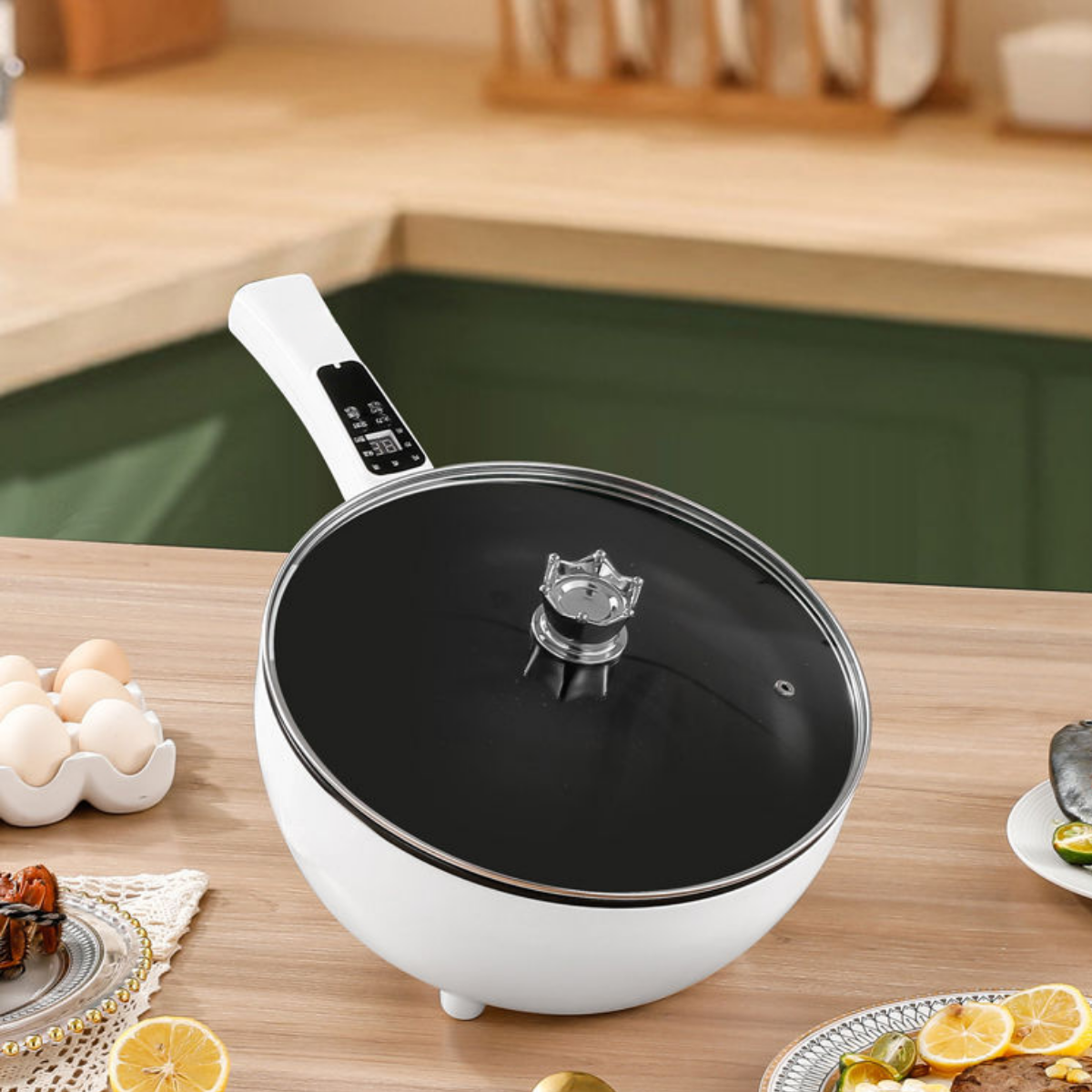 Tigaie Electrica Inteligenta, Multifunctionala, Capacitate 3L, Panou Control Digital, 1000W, Prajire, Fierbere, Sotare, Gatire la Aburi, Mentinerea Caldurii, Diametru 24 cm