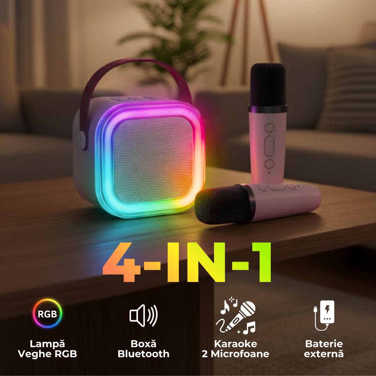 Set Karaoke cu Boxa Bluetooth si 2 Microfoane Wireless, Lumini LED RGB Dinamice, Incarcare Type-C, Port AUX, Slot Card TF, Roz, easyCTRL®