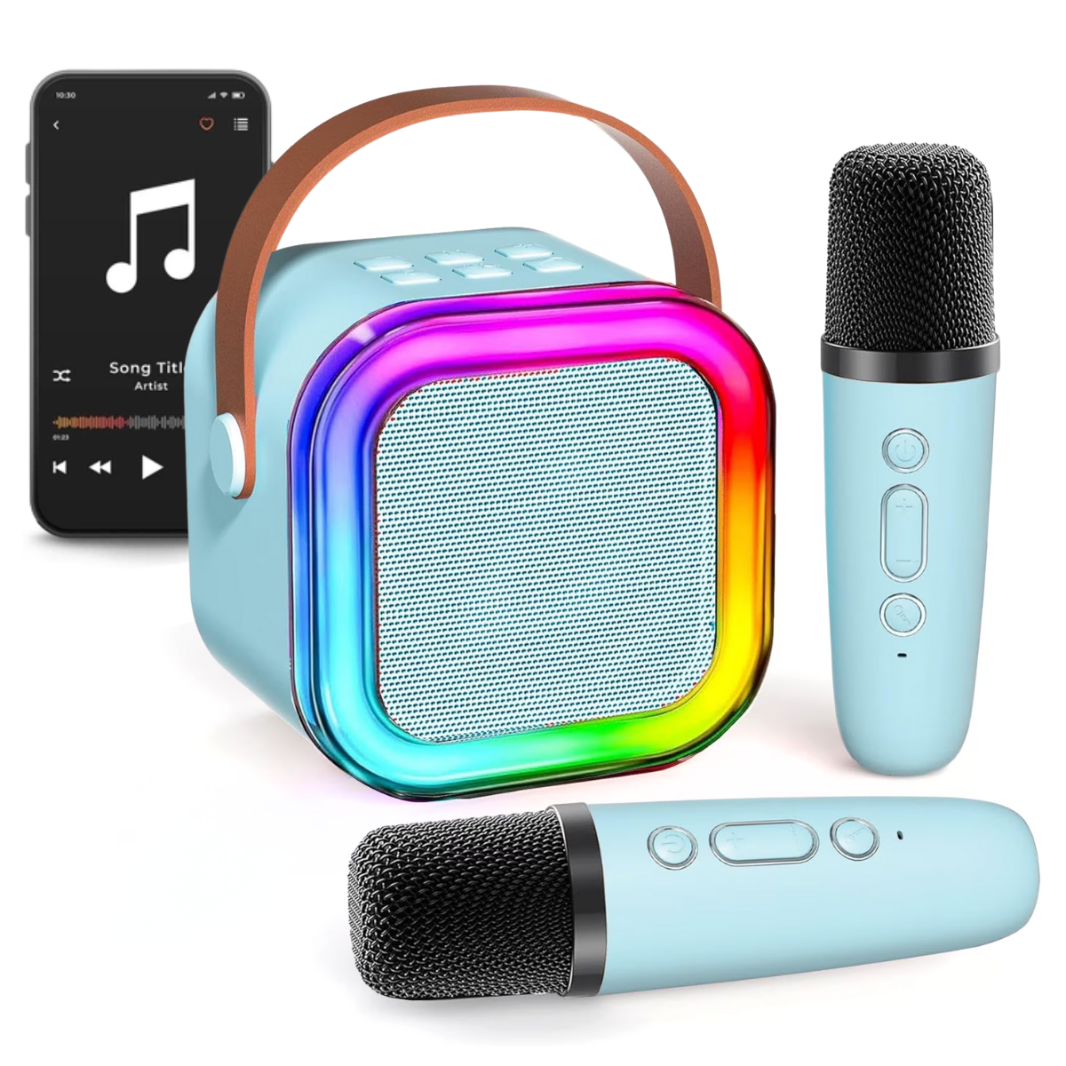 Set Karaoke cu Boxa Bluetooth si 2 Microfoane Wireless, Lumini LED RGB Dinamice, Incarcare Type-C, Port AUX, Slot Card TF, Bleu, easyCTRL®