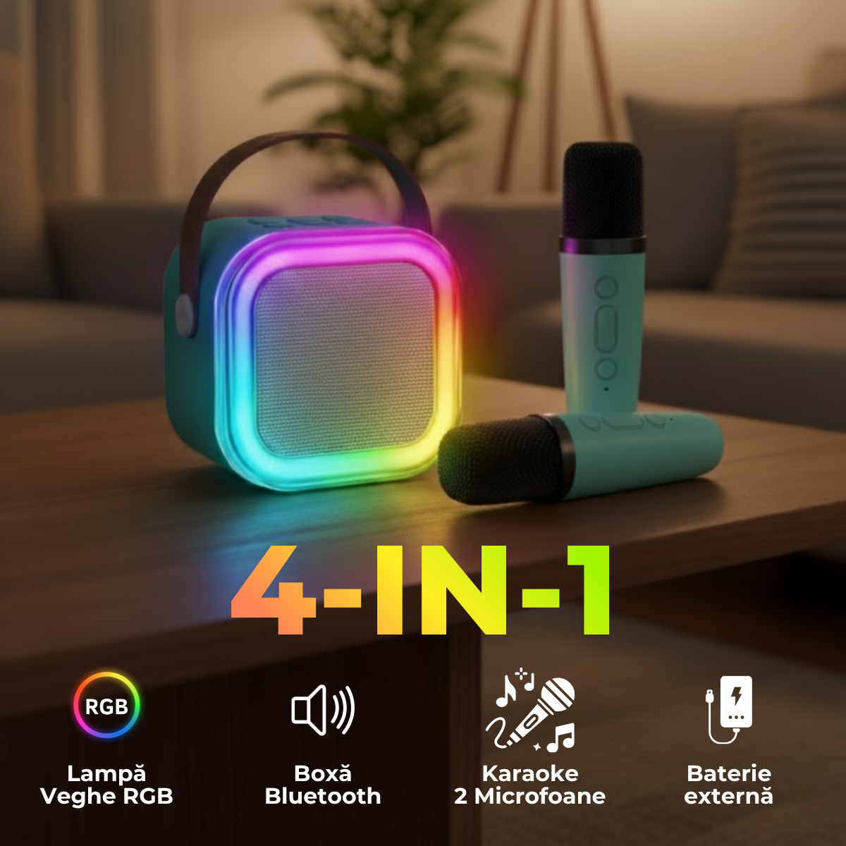 Set Karaoke cu Boxa Bluetooth si 2 Microfoane Wireless, Lumini LED RGB Dinamice, Incarcare Type-C, Port AUX, Slot Card TF, Bleu, easyCTRL®