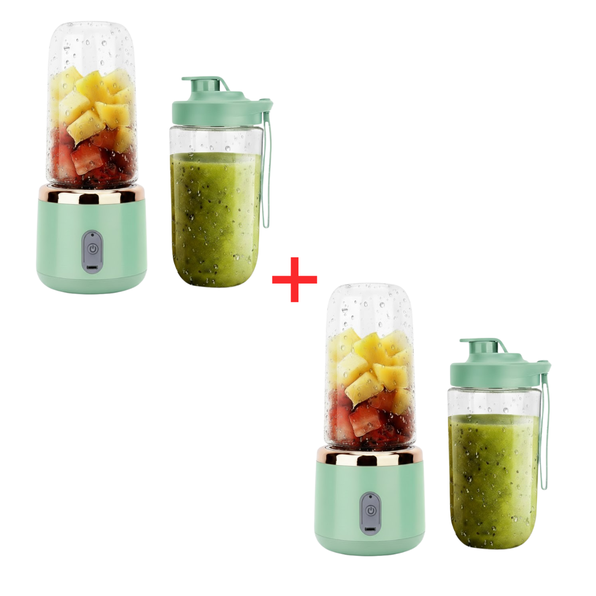1 + 1 Blender Portabil, 2 Recipiente, Diferite culori, 400 ml, 6 Lame 3D, USB-C reincarcabil, 45W, Capac Inclus, Turcoaz