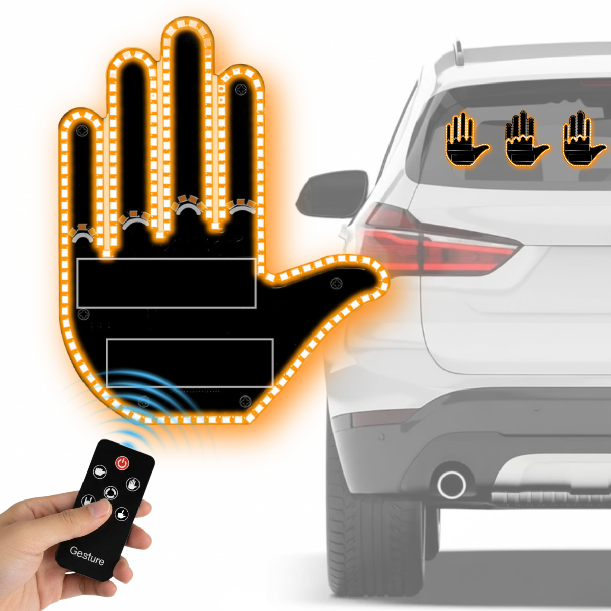 Semn LED Auto cu Telecomanda, 4 Gesturi Interactive, Alimentare cu Baterii, Fixare cu benzi velcro autoadezive