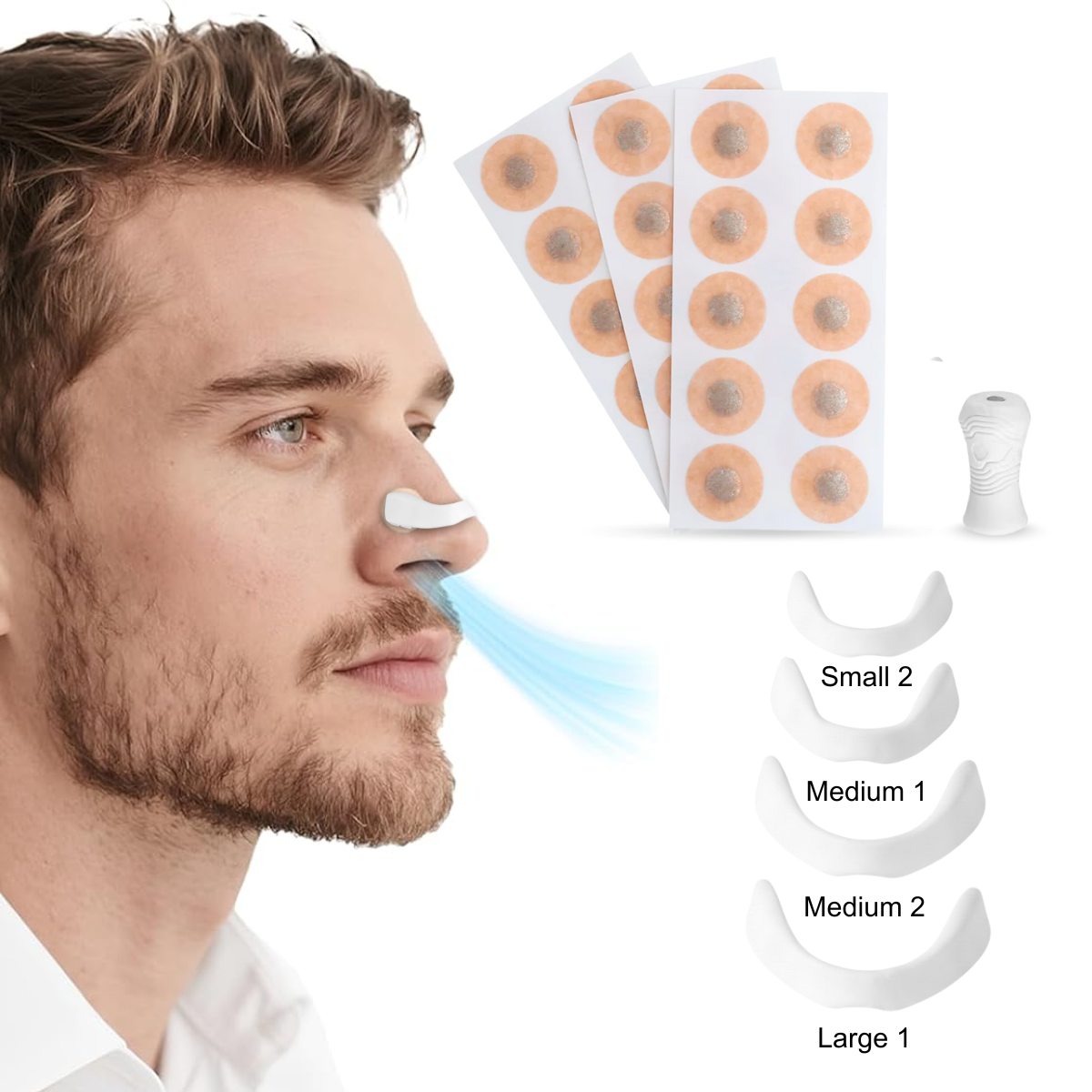 Set Benzi Nazale Magnetice, pentru Imbunatatirea Respiratiei, Somnului, Reducerea Sforaitului, 4 Marimi Diferite, 30 Plasturi, Aplicator