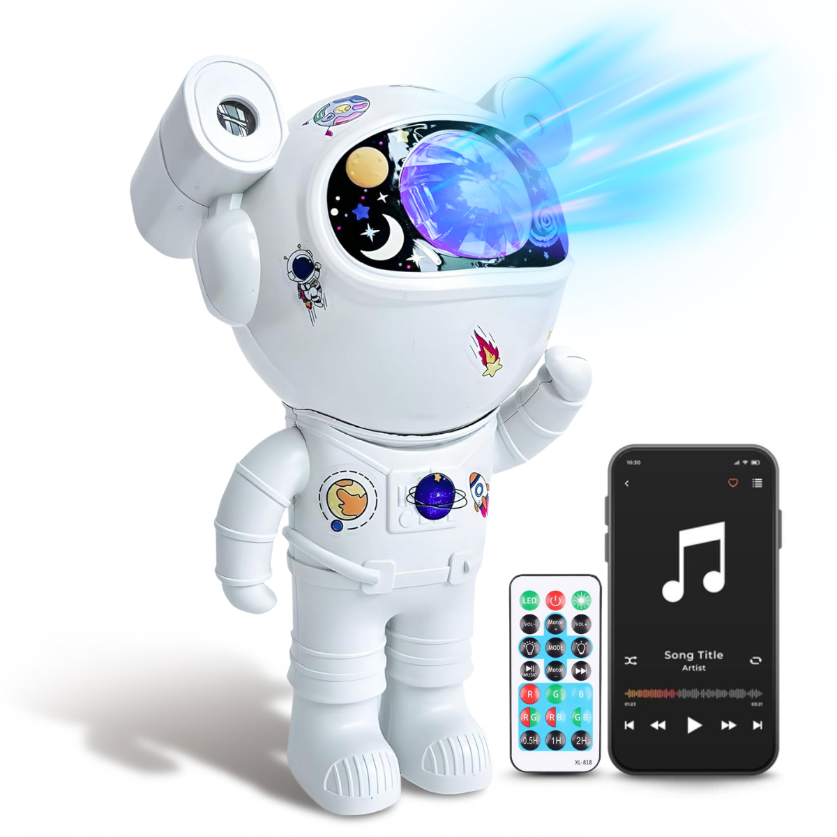 Proiector Galaxie Astronaut, Boxa Bluetooth, Lampa de veghe, Suport Magnetic Reglabil 360°, Brate Mobile, Alb