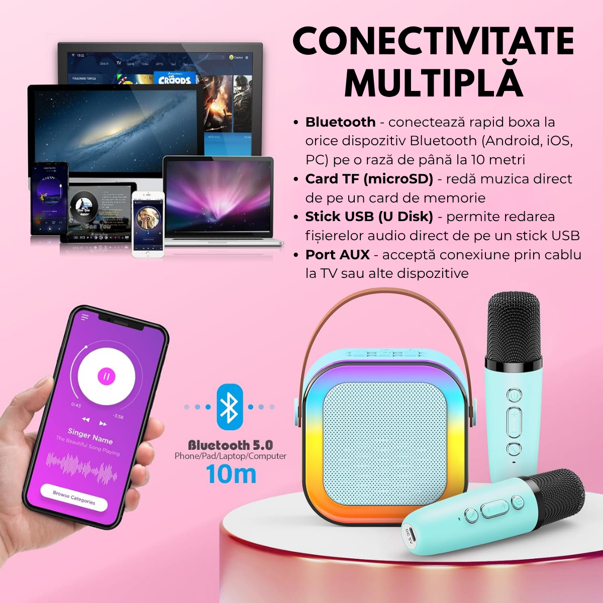 Set Karaoke cu Boxa Bluetooth si 2 Microfoane Wireless, Lumini LED RGB Dinamice, Incarcare Type-C, Port AUX, Slot Card TF, Bleu, easyCTRL®