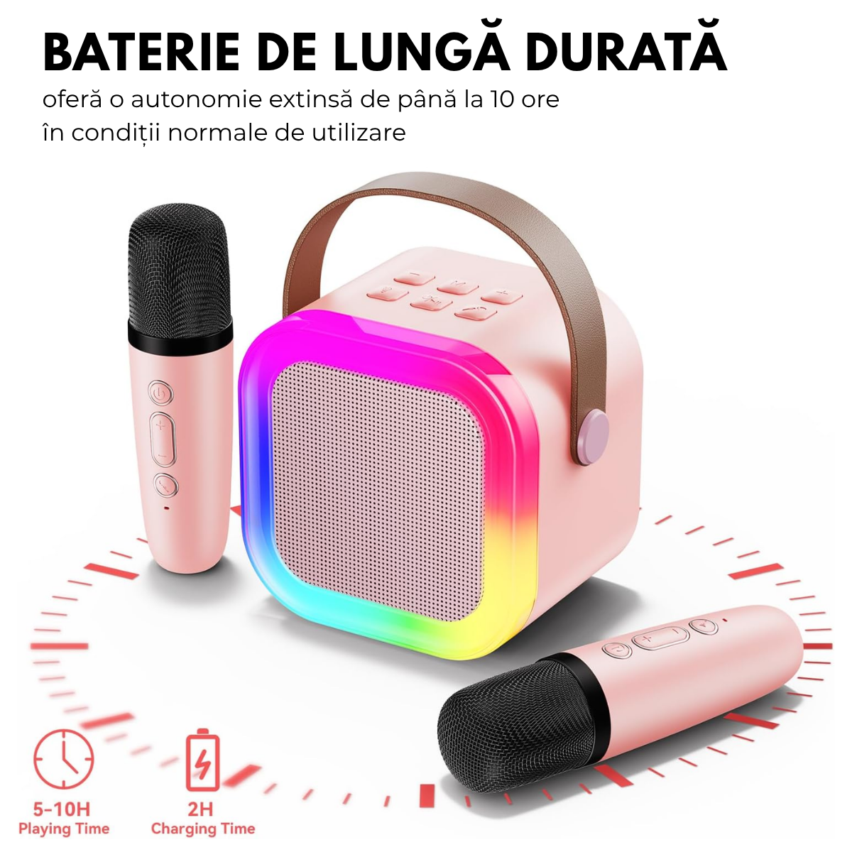 Set Karaoke cu Boxa Bluetooth si 2 Microfoane Wireless, Lumini LED RGB Dinamice, Incarcare Type-C, Port AUX, Slot Card TF, Roz, easyCTRL®