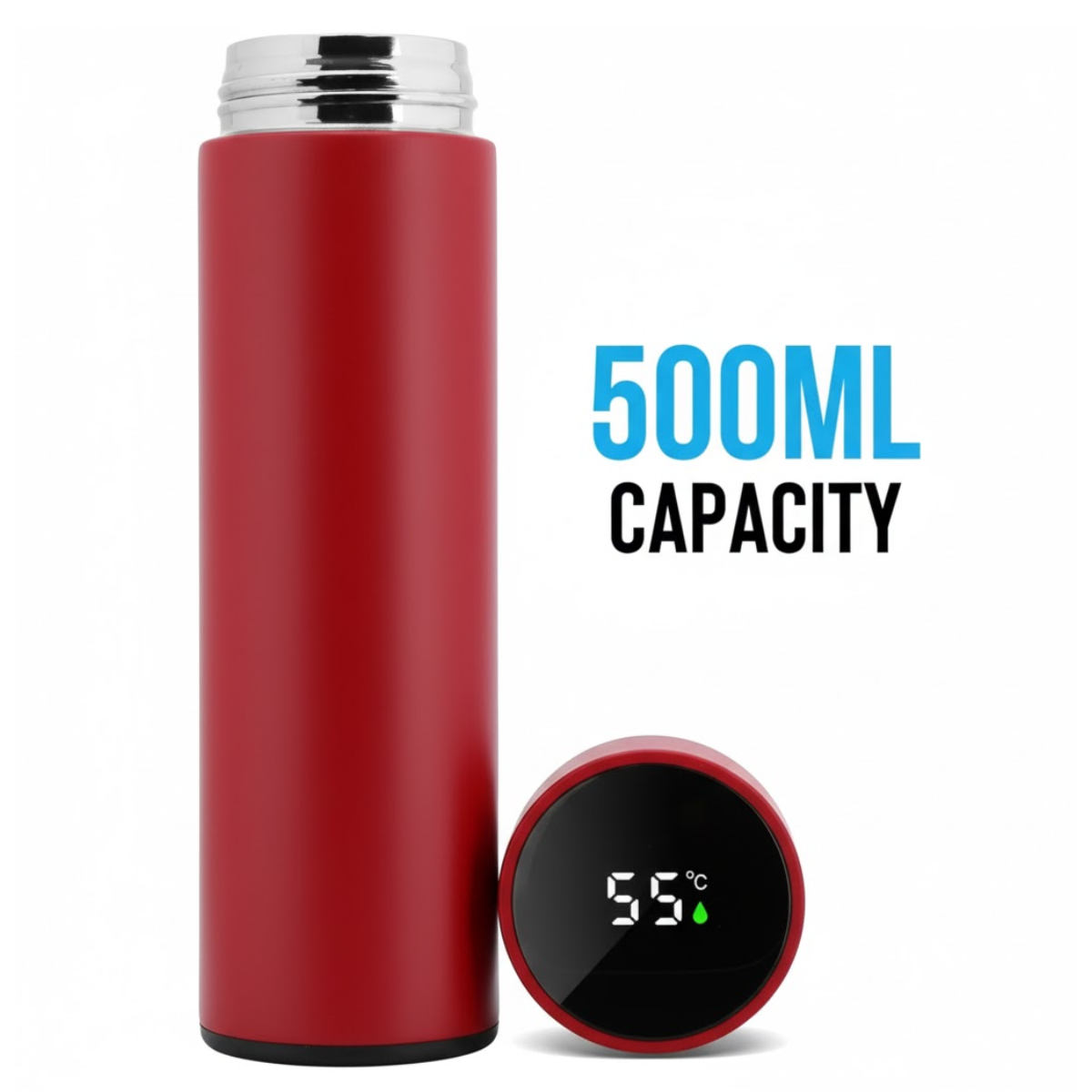 Termos Inteligent cu Afisaj LED Temperatura, Senzor Touchscreen, Infuzor de ceai, 500ml, Otel Inoxidabil, Rosu, easyCTRL®