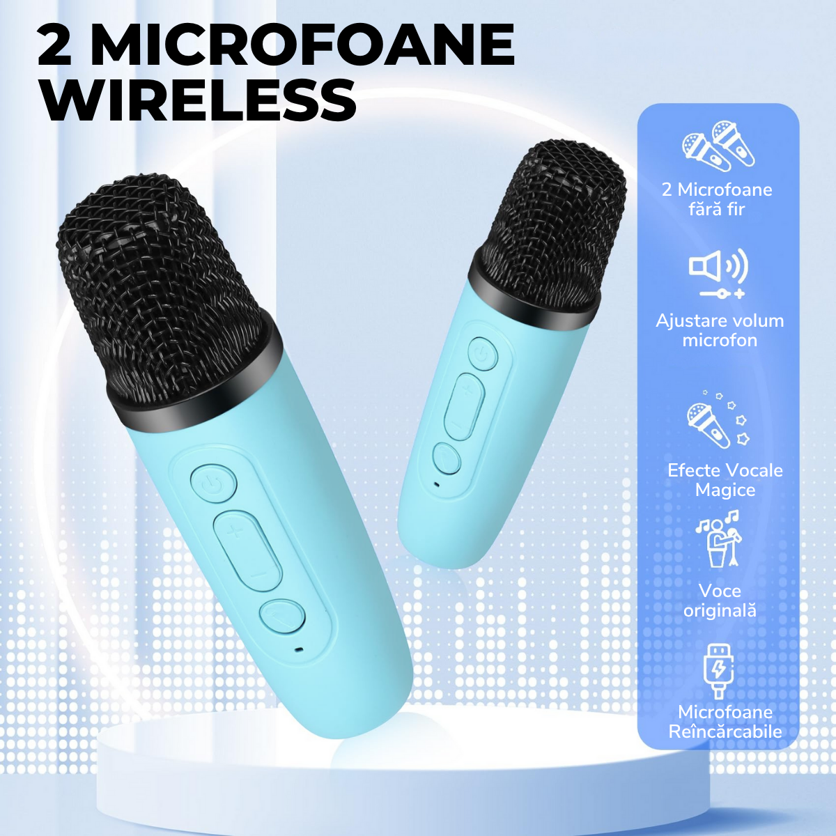Set Karaoke cu Boxa Bluetooth si 2 Microfoane Wireless, Lumini LED RGB Dinamice, Incarcare Type-C, Port AUX, Slot Card TF, Bleu, easyCTRL®
