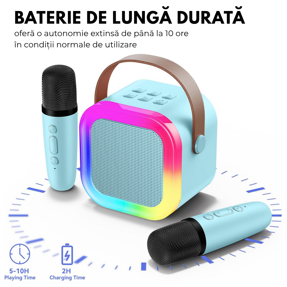 Set Karaoke cu Boxa Bluetooth si 2 Microfoane Wireless, Lumini LED RGB Dinamice, Incarcare Type-C, Port AUX, Slot Card TF, Bleu, easyCTRL®