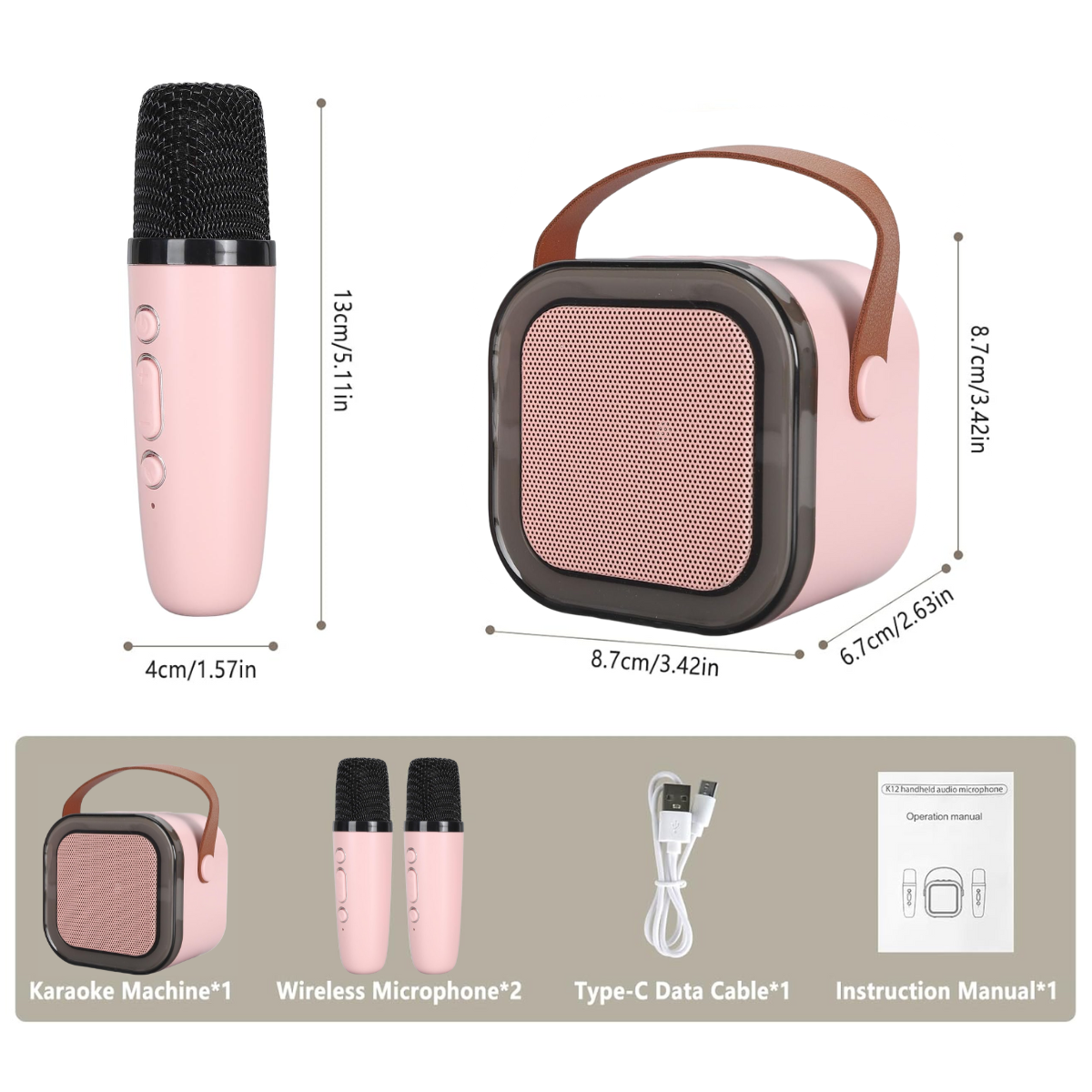 Set Karaoke cu Boxa Bluetooth si 2 Microfoane Wireless, Lumini LED RGB Dinamice, Incarcare Type-C, Port AUX, Slot Card TF, Roz, easyCTRL®