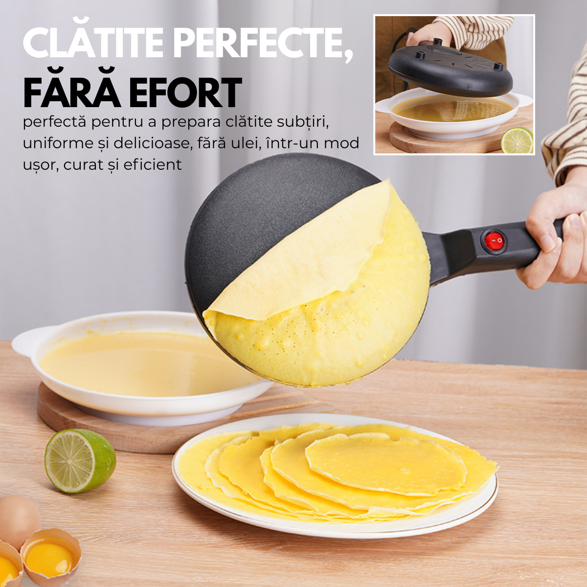 Tigaie Electrica pentru Clatite, Include Vas pentru Aluat si Mini Tel, 600W, Suprafata antiaderenta, Diametru 20cm