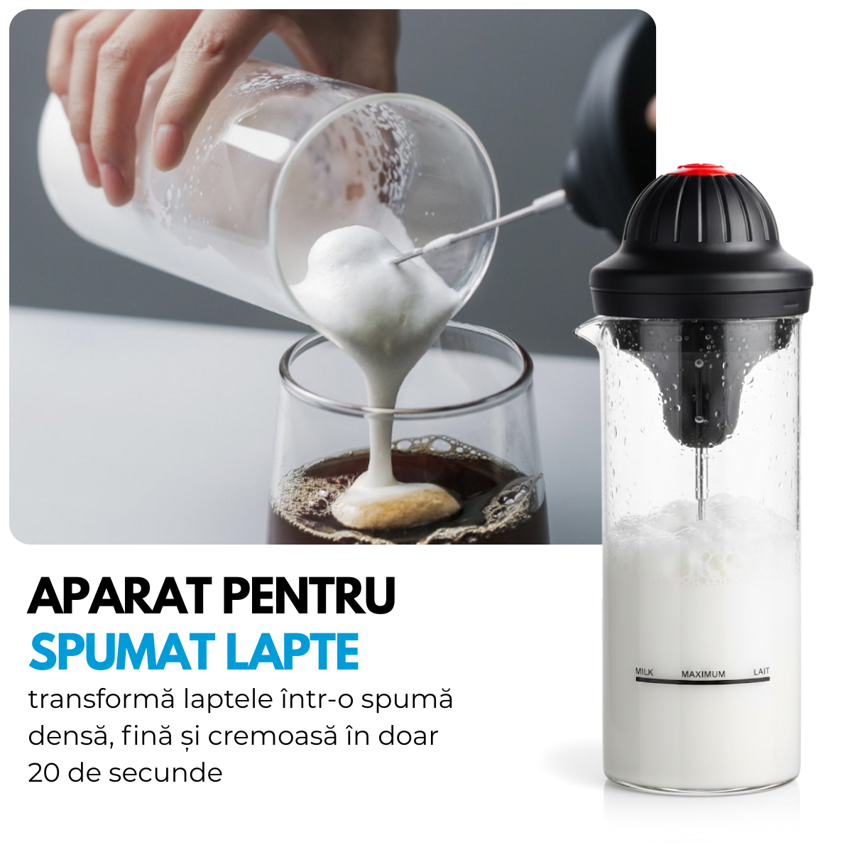 Aparat electric spumare lapte, Portabil, Sticla borosilicata, 450 ml, Alimentare cu baterii