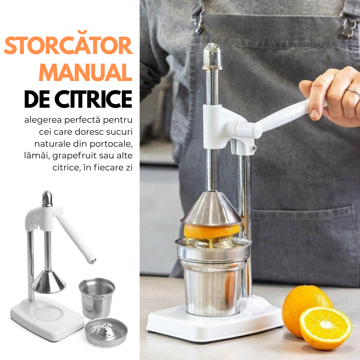 Storcator Citrice Manual, Sistem de Presare cu Manivela, Otel Inoxidabil, Pahar 400ml