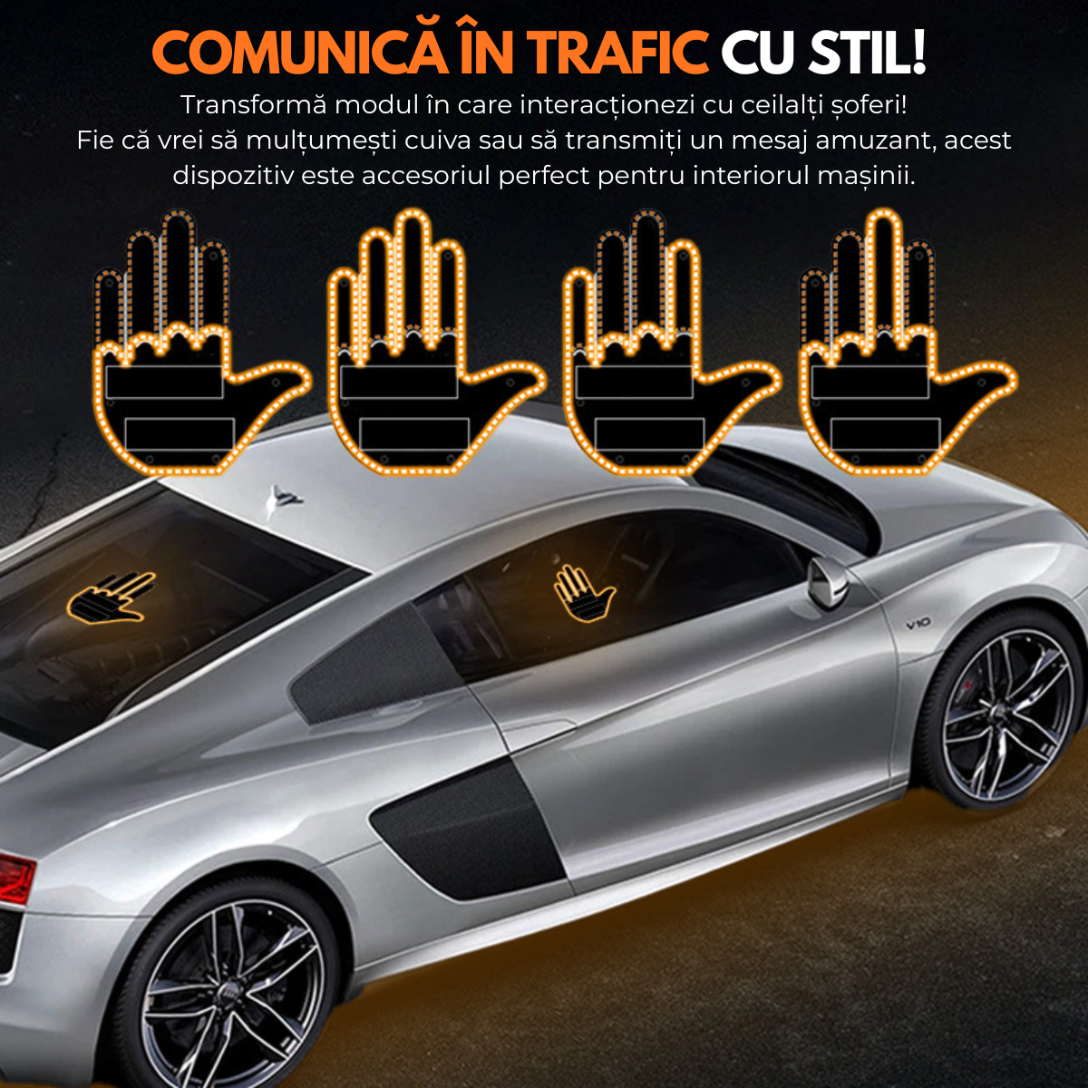 Semn LED Auto cu Telecomanda, 4 Gesturi Interactive, Alimentare cu Baterii, Fixare cu benzi velcro autoadezive