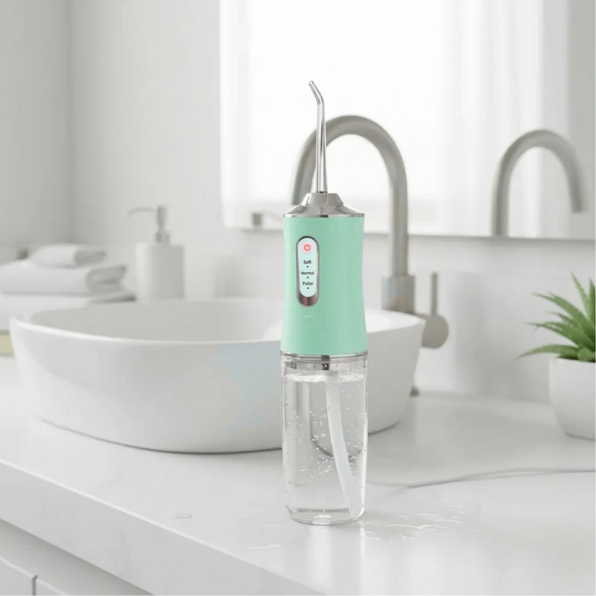 Irigator Bucal Profesional, Dus Bucal Portabil, 4 Capete, 3 Moduri de Curatare, Rezervor 230ml, Verde