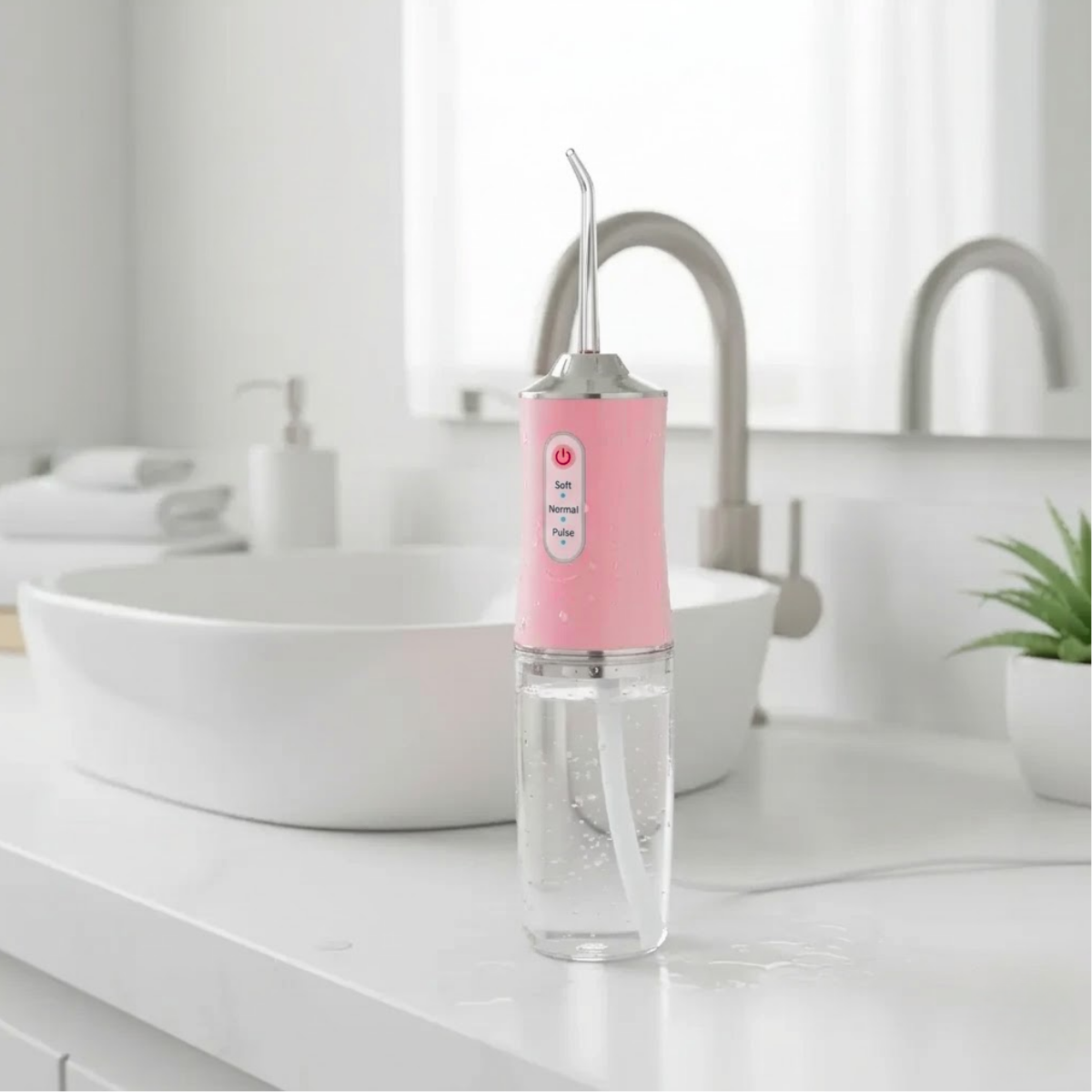 Irigator Bucal Profesional, Dus Bucal Portabil, 4 Capete, 3 Moduri de Curatare, Rezervor 230ml, Roz