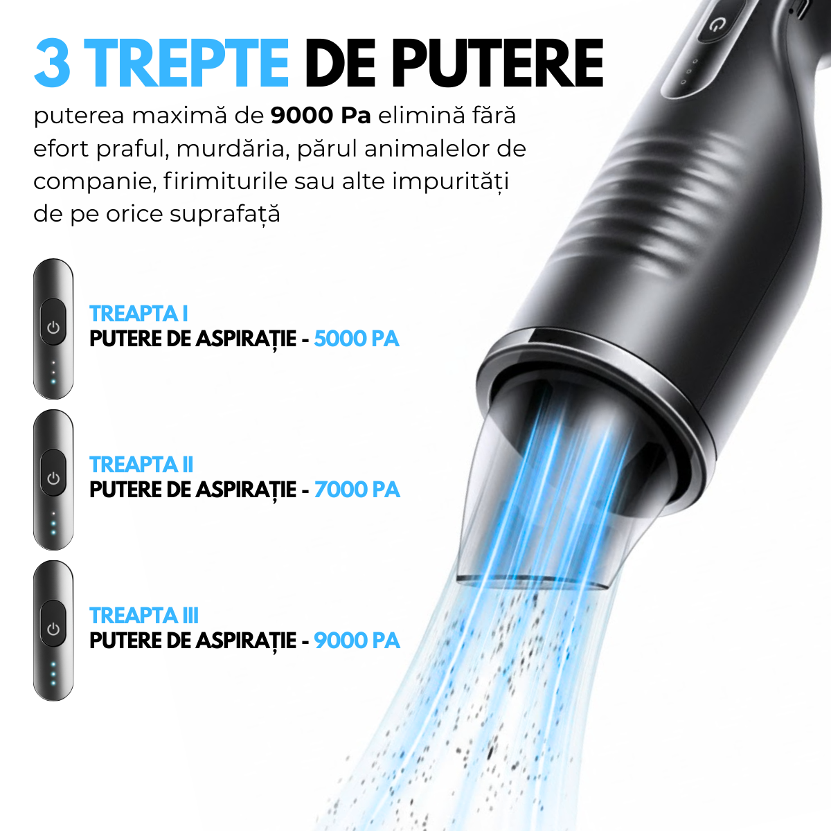 Aspirator de mana fara fir, Portabil, Acumulator 2000mAh, pentru Casa, Masina, Birou, 80W, Filtru HEPA, Accesorii Multifunctionale