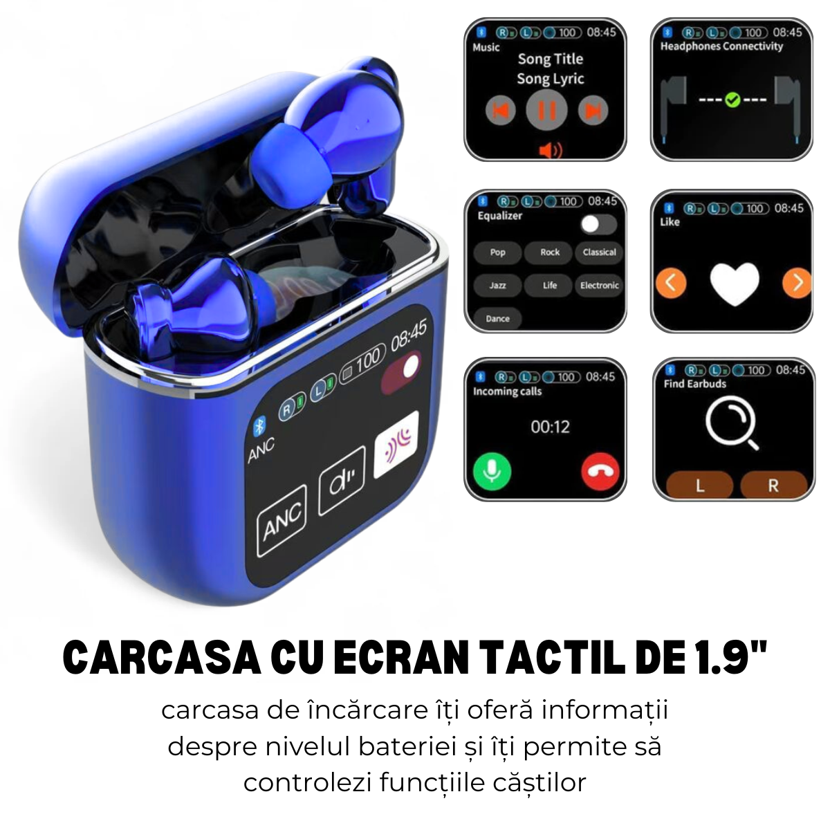 Casti Wireless In Ear, Carcasa cu Touch Screen, Bluetooth 5.4, Control Tactil, Anulare Zgomot ANC + ENC, Albastru