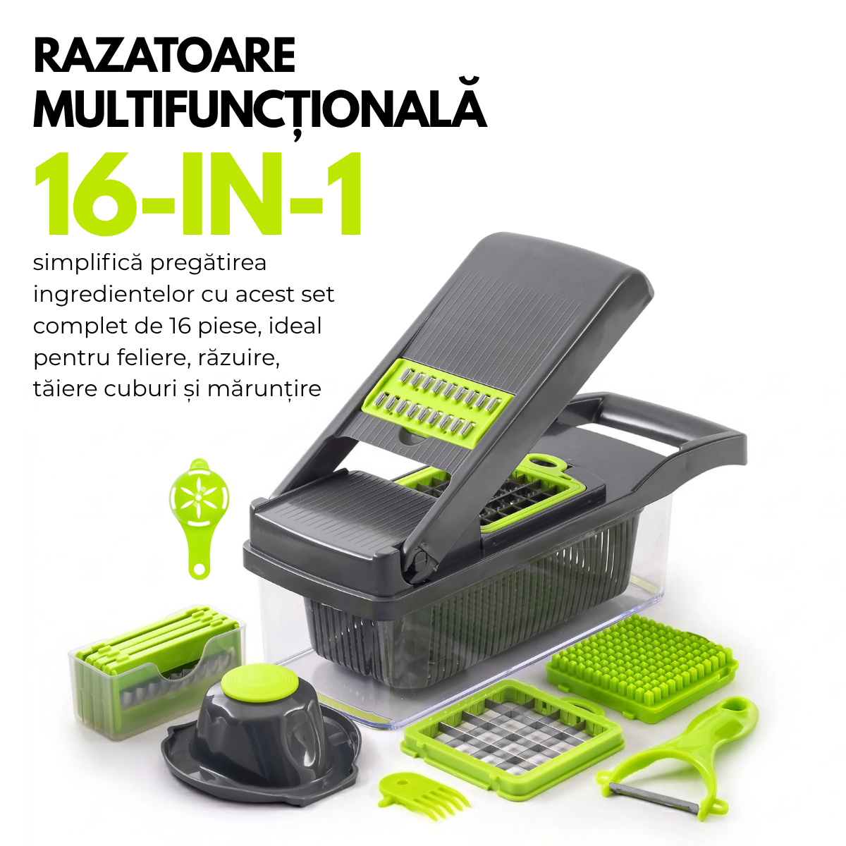 Razatoare Multifunctionala 16-in-1 pentru Legume si Fructe, 7 Lame interschimbabile, Taiere cuburi 12/18 mm, Feliere, Razuire, Maruntire