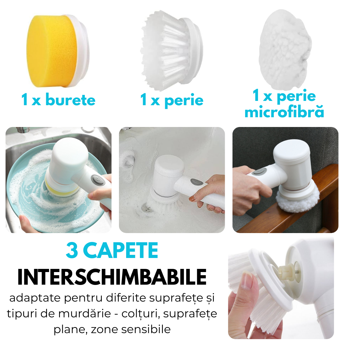 Perie Electrica Rotativa pentru curatare fara efort, 3 Capete Detasabile, Suport de perete, Fara fir, Rezistenta la apa