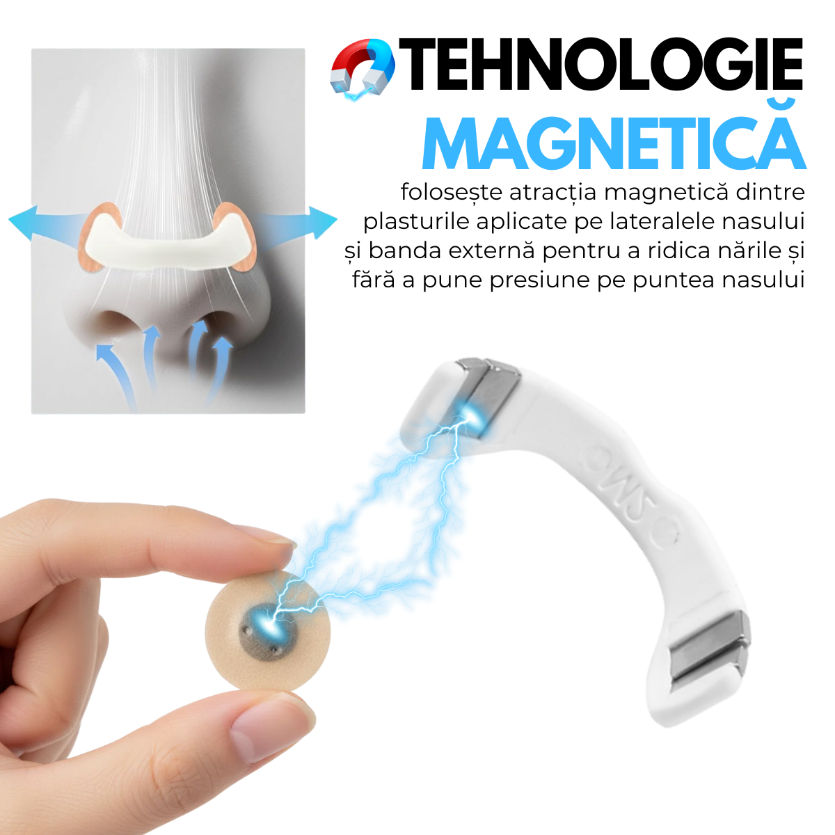 Set Benzi Nazale Magnetice, pentru Imbunatatirea Respiratiei, Somnului, Reducerea Sforaitului, 4 Marimi Diferite, 30 Plasturi, Aplicator