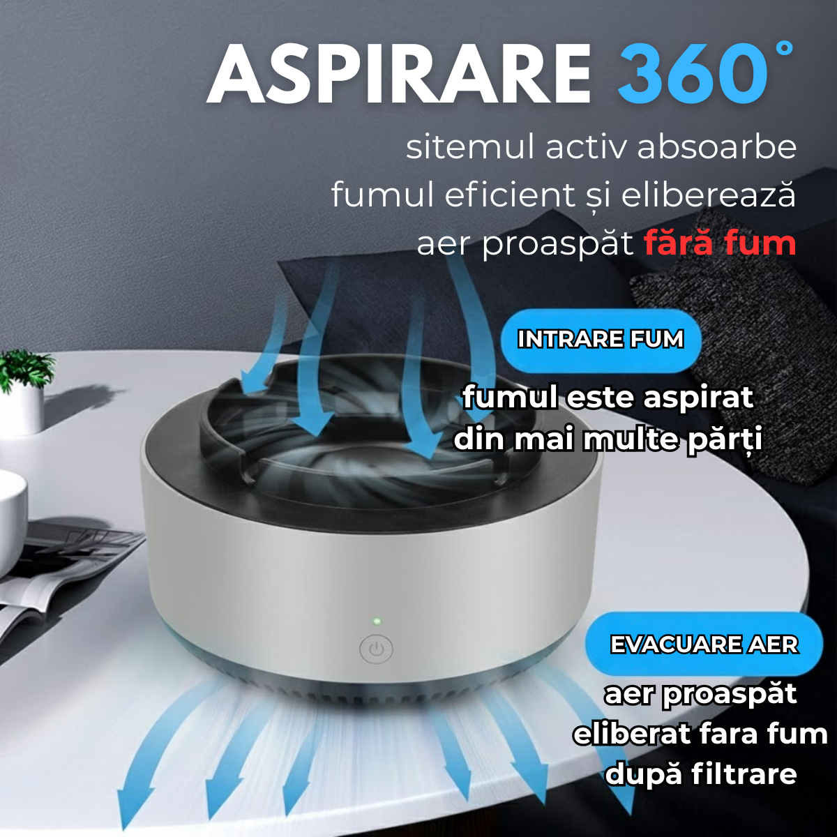 Pachet 1 + 1 Scrumiera Electrica Multifunctionala 3-in-1, Aspirare Fum 360°, Purificare Aer, Tableta Odorizanta, Oprire Automata, Alimentare pe Baterii, easyCTRL®