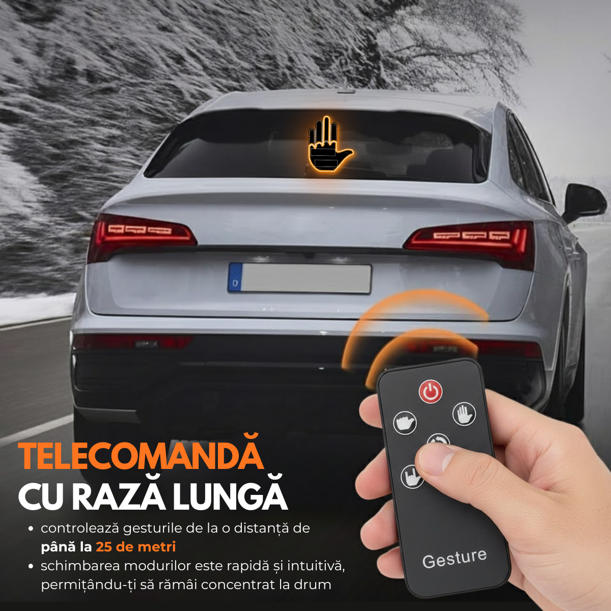 Semn LED Auto cu Telecomanda, 4 Gesturi Interactive, Alimentare cu Baterii, Fixare cu benzi velcro autoadezive