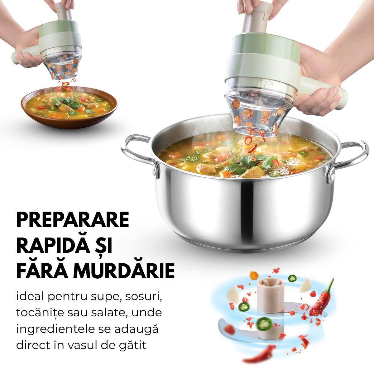 Tocator 4 in 1 Electric Portabil, Portabil, 2 lame, 2 recipient, Alimentare Type-C, Verde