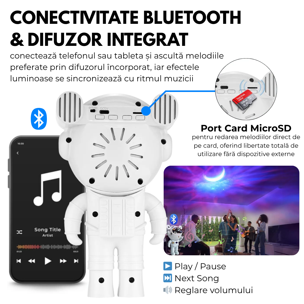 Proiector Galaxie Astronaut, Boxa Bluetooth, Lampa de veghe, Suport Magnetic Reglabil 360°, Brate Mobile, Alb