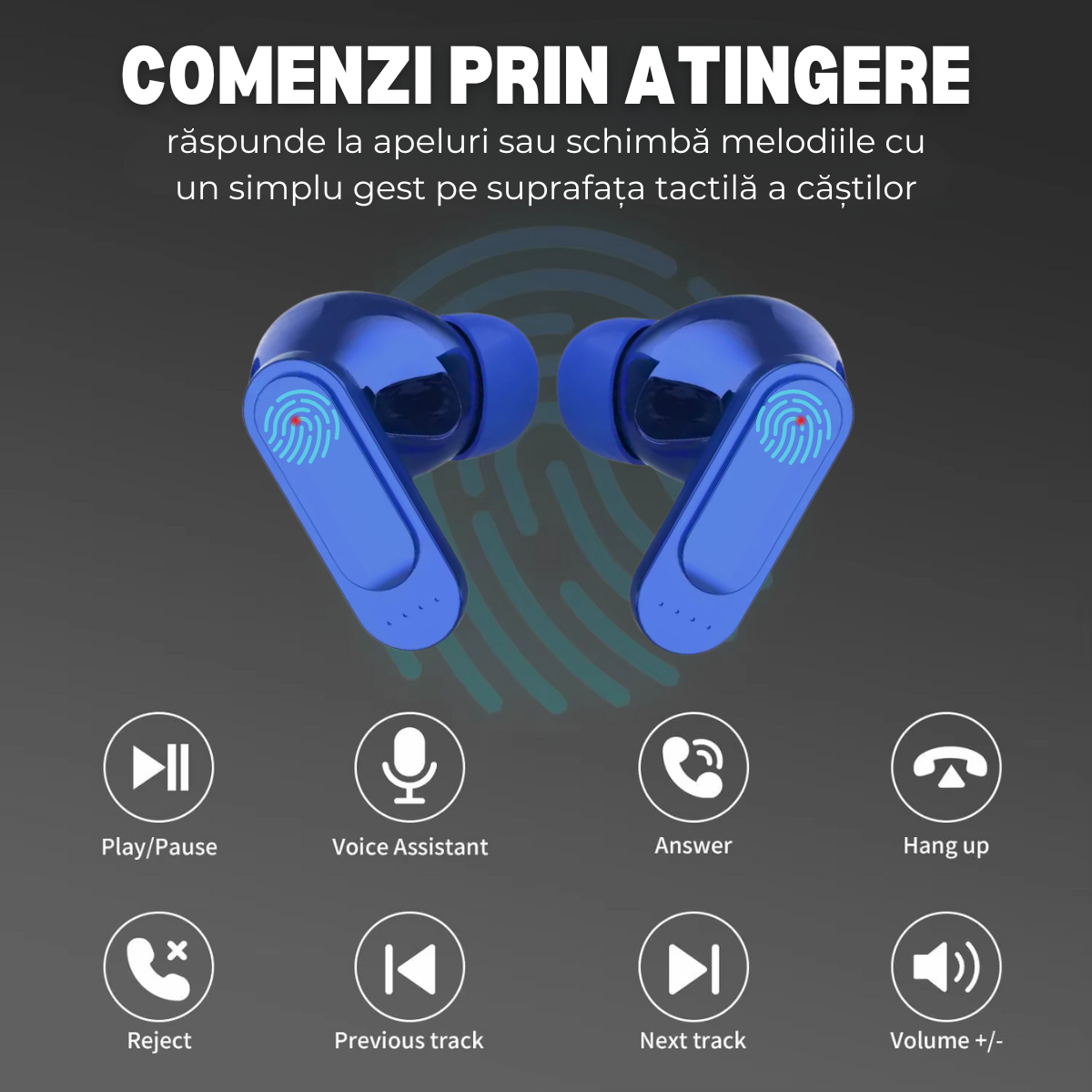 Casti Wireless In Ear, Carcasa cu Touch Screen, Bluetooth 5.4, Control Tactil, Anulare Zgomot ANC + ENC, Albastru