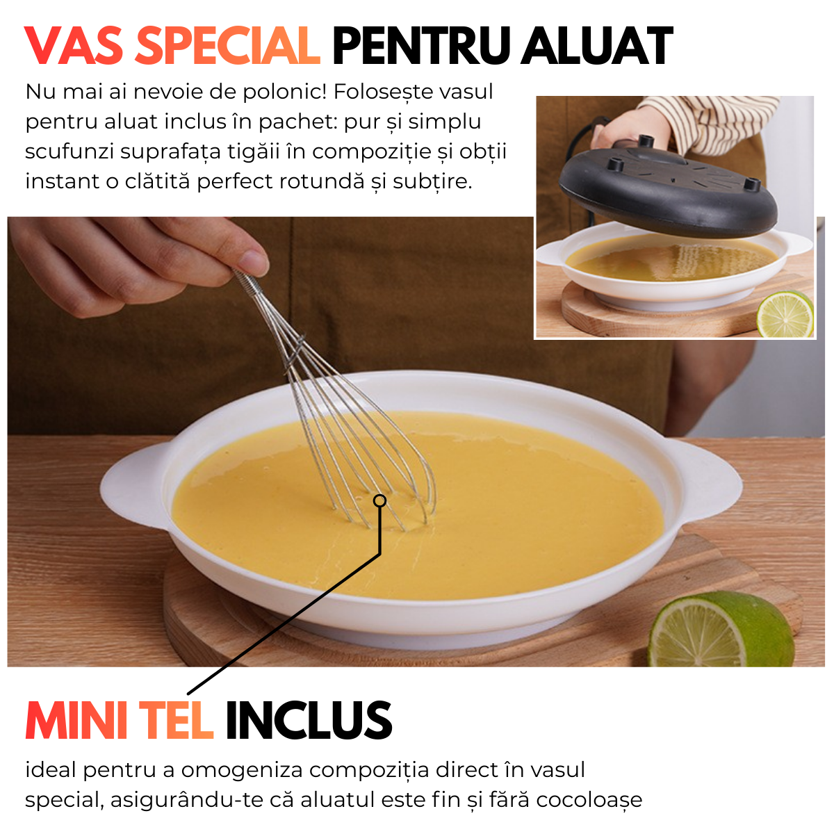 Tigaie Electrica pentru Clatite, Include Vas pentru Aluat si Mini Tel, 600W, Suprafata antiaderenta, Diametru 20cm