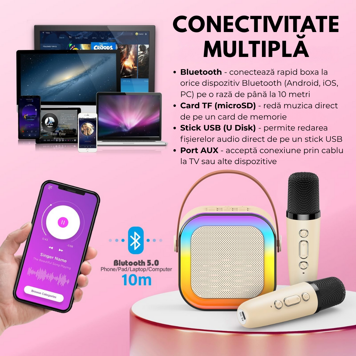 Set Karaoke cu Boxa Bluetooth si 2 Microfoane Wireless, Lumini LED RGB Dinamice, Incarcare Type-C, Port AUX, Slot Card TF, Crem, easyCTRL®