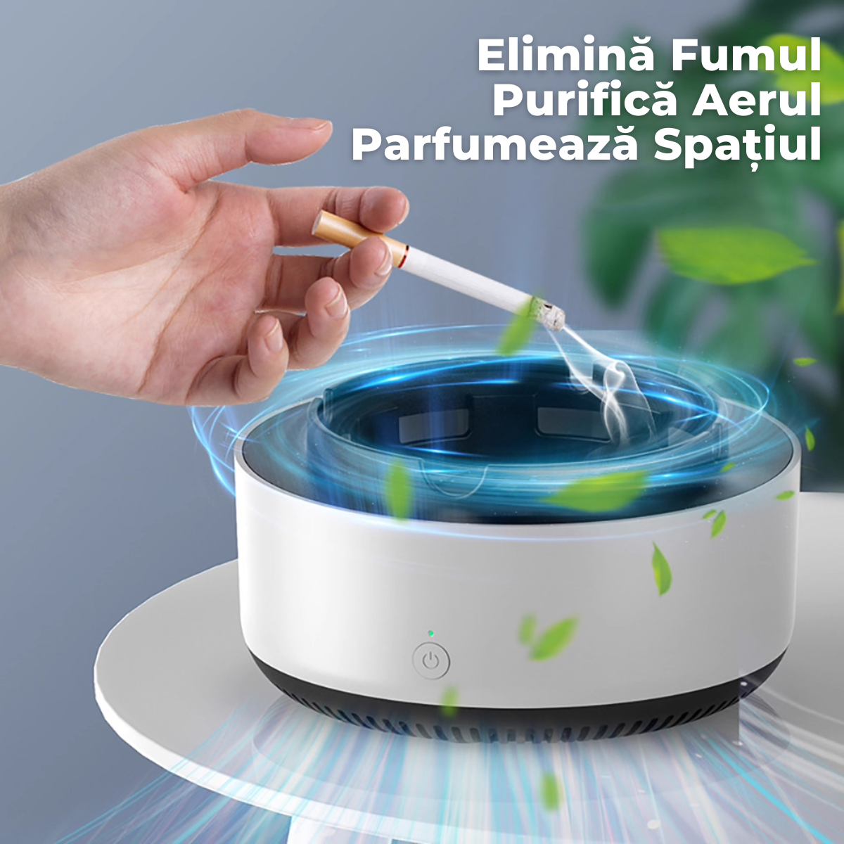 Pachet 1 + 1 Scrumiera Electrica Multifunctionala 3-in-1, Aspirare Fum 360°, Purificare Aer, Tableta Odorizanta, Oprire Automata, Alimentare pe Baterii, easyCTRL®