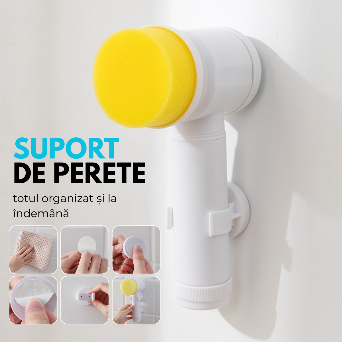 Perie Electrica Rotativa pentru curatare fara efort, 3 Capete Detasabile, Suport de perete, Fara fir, Rezistenta la apa