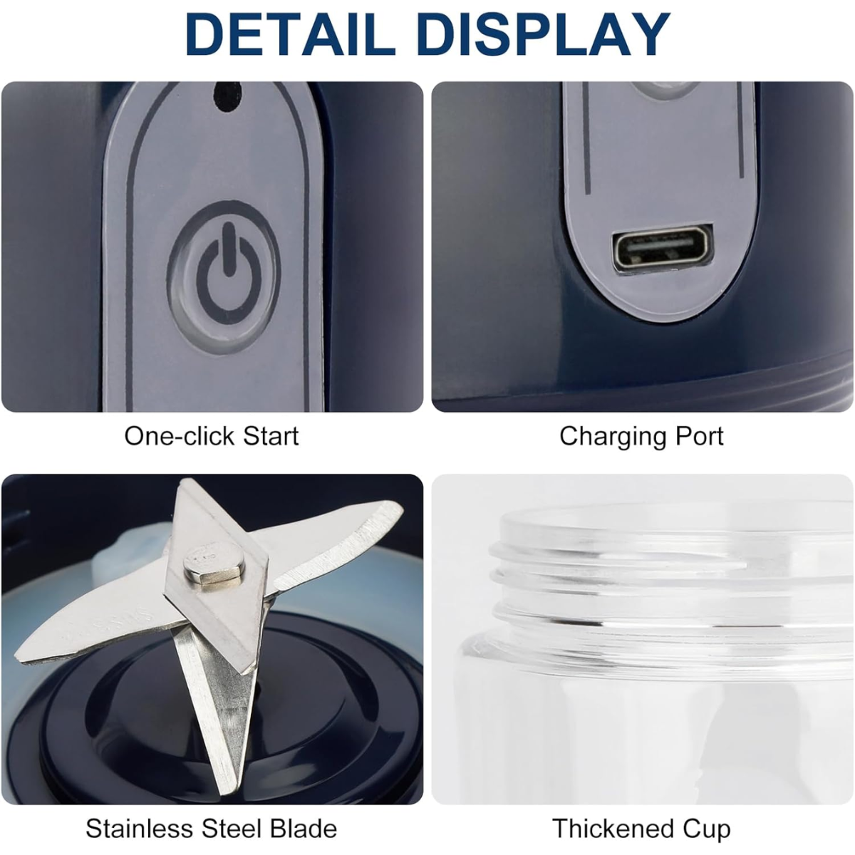 Blender Portabil, 2 Recipiente, 400 ml, 6 Lame 3D, USB-C reincarcabil, 45W, Capac Inclus, Bleumarin, easyCTRL®