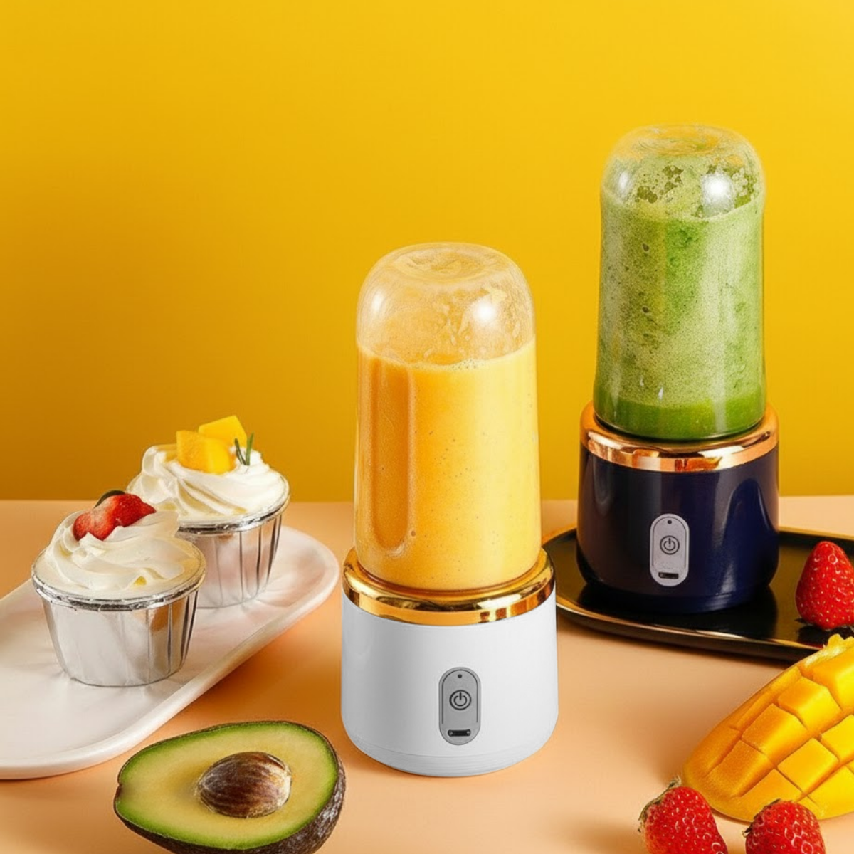 Blender Portabil, 2 Recipiente, 400 ml, 6 Lame 3D, USB-C reincarcabil, 45W, Capac Inclus, Gri, easyCTRL®