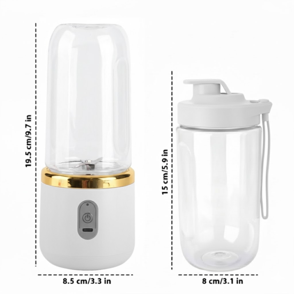 Blender Portabil, 2 Recipiente, 400 ml, 6 Lame 3D, USB-C reincarcabil, 45W, Capac Inclus, Gri, easyCTRL®