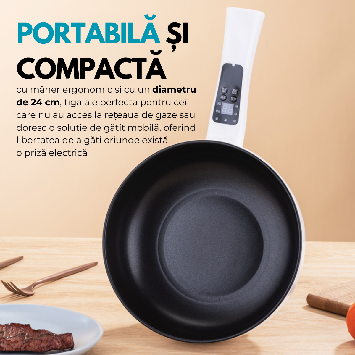 Tigaie Electrica Inteligenta, Multifunctionala, Capacitate 3L, Panou Control Digital, 1000W, Prajire, Fierbere, Sotare, Gatire la Aburi, Mentinerea Caldurii, Diametru 24 cm